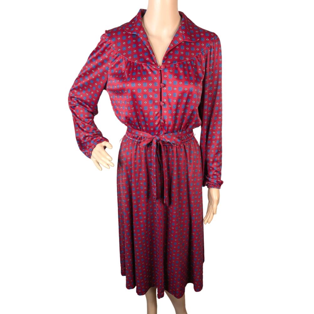 Vintage 70s Sears Burgundy Mini Floral Geo Print Secretary Shirtdress SZ S/M